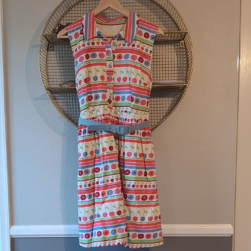 Modcloth Retro Colorful Striped Cherries And Flowers Dress With Belt, Large